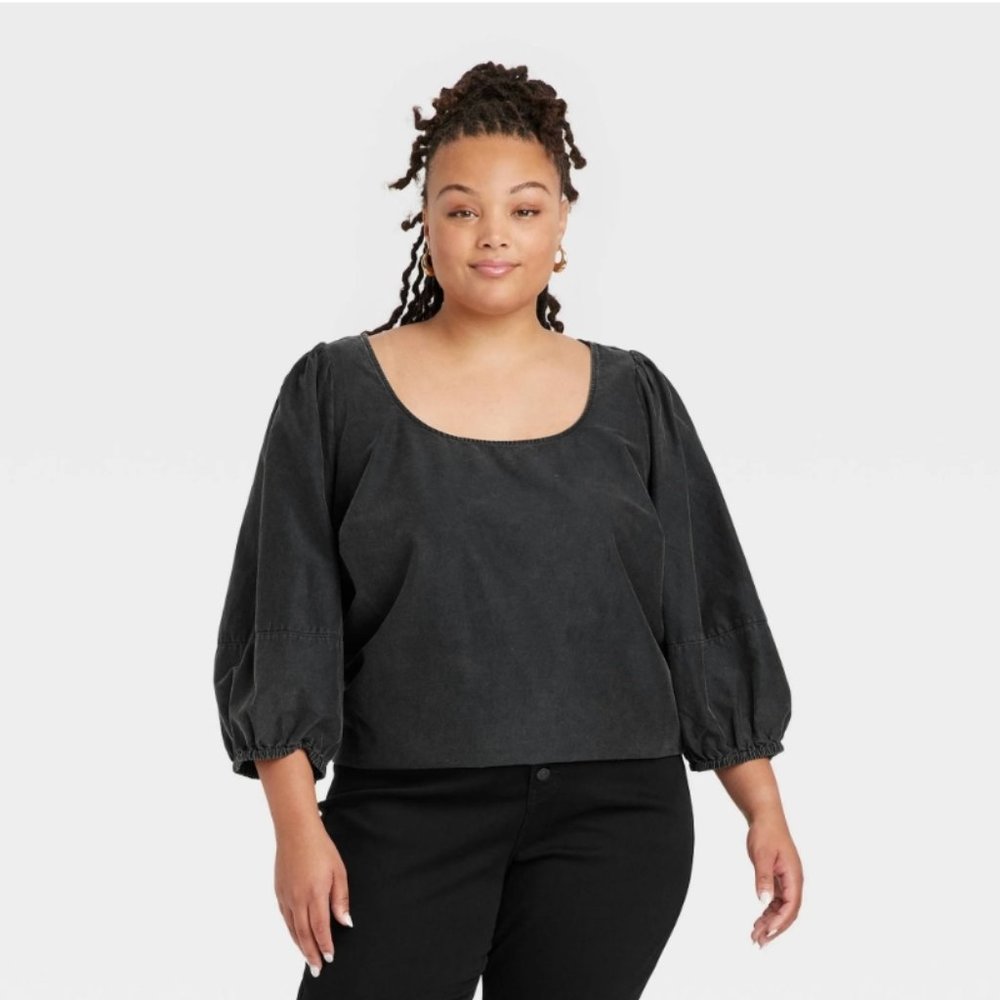 Women's Plus Size Balloon 3/4 Sleeve Blouse-Ava & Viv 2X 3X Black New With Tags
